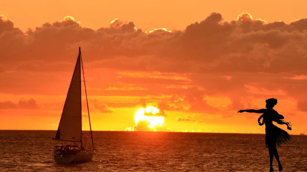 ハワイの夕陽とフラダンスのイメージ画像